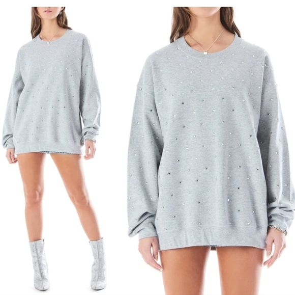 CAMAR OVERSIZED RHINESTONE CREW NECK SWEATSHIRT TUNIC DRESS IN GREY SIZE S - Picture 1 of 16